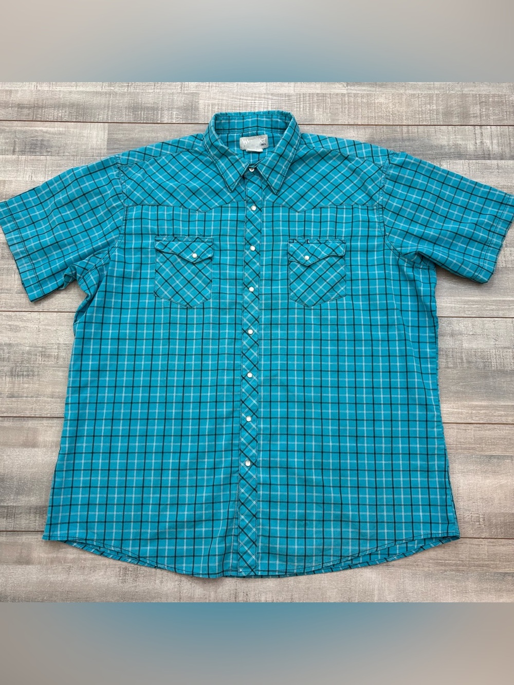Wrangler Wrancher Shirt Mens 2XT Blue Plaid Western Pearl Snap Short Sleeve